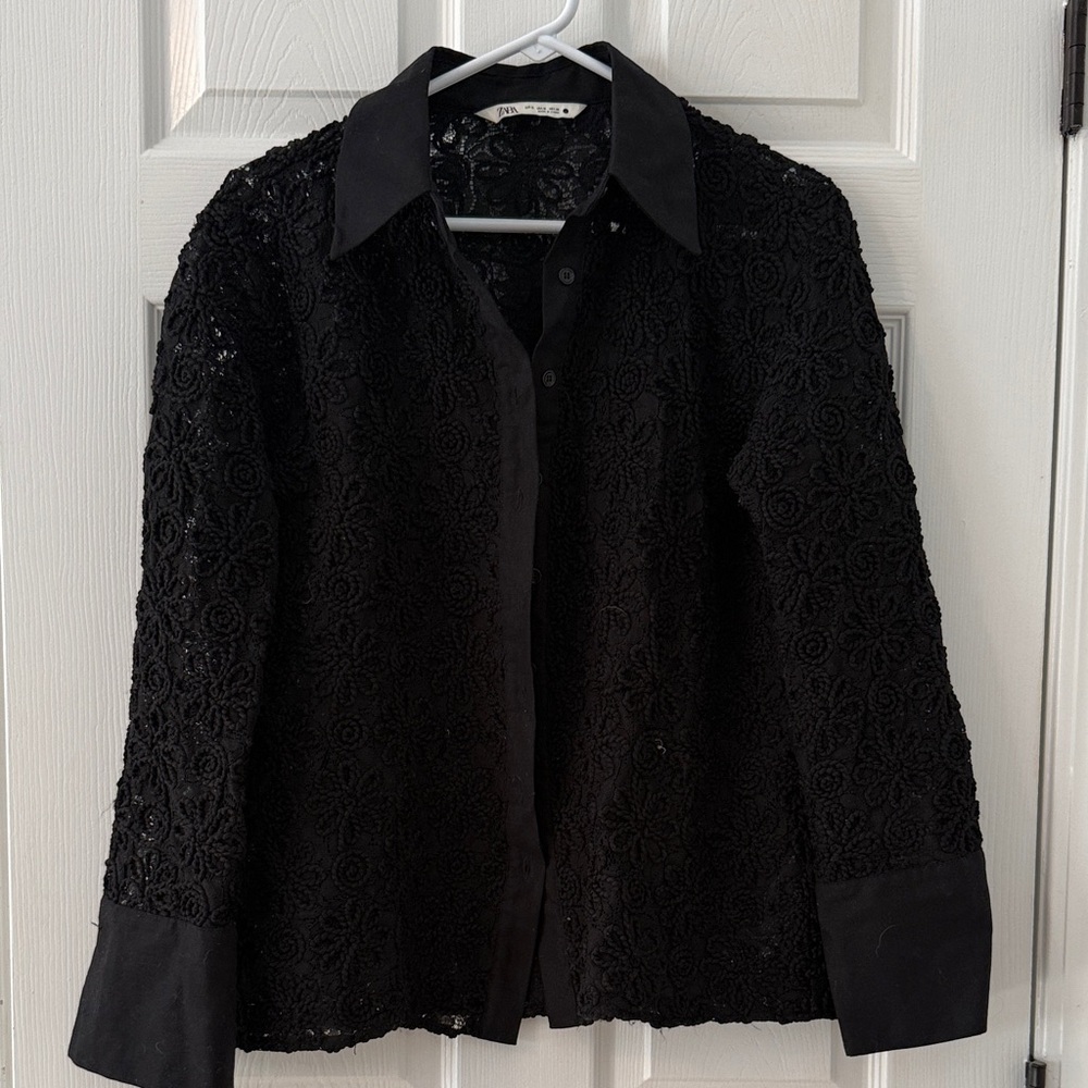 Zara Black Lace Button Down Shirt